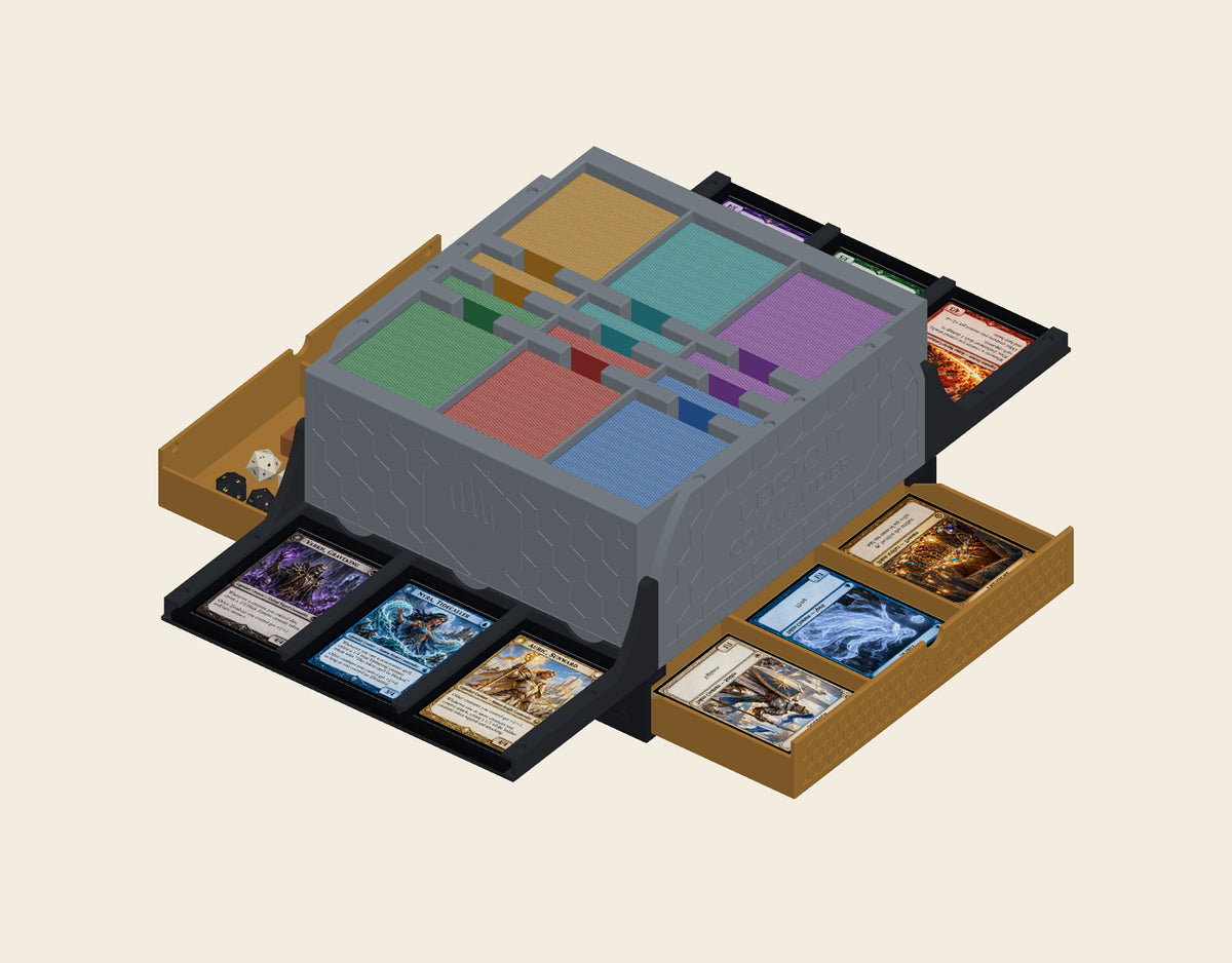Legion Commander open and loaded with six double-sleeved decks, commander displays, sideboards, tokens and dice.